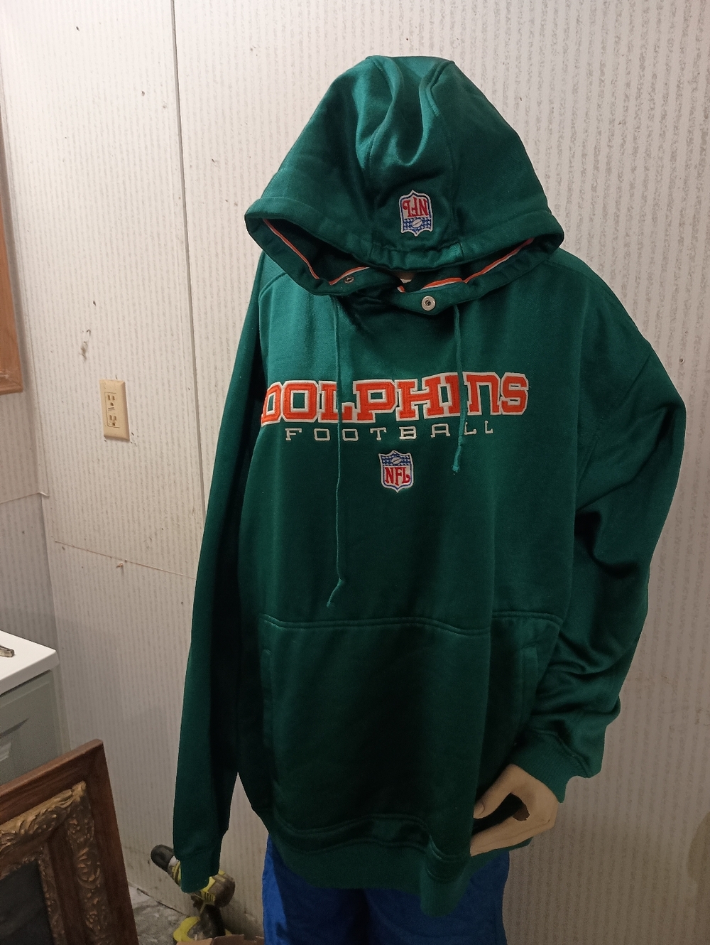 Vintage Reebok Miami Dolphins Green Hoodie with Orange Trim and White Stitching